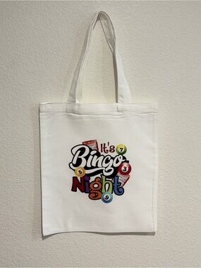 Handmade Canvas Tote Bag with Bingo Night Graphic - White